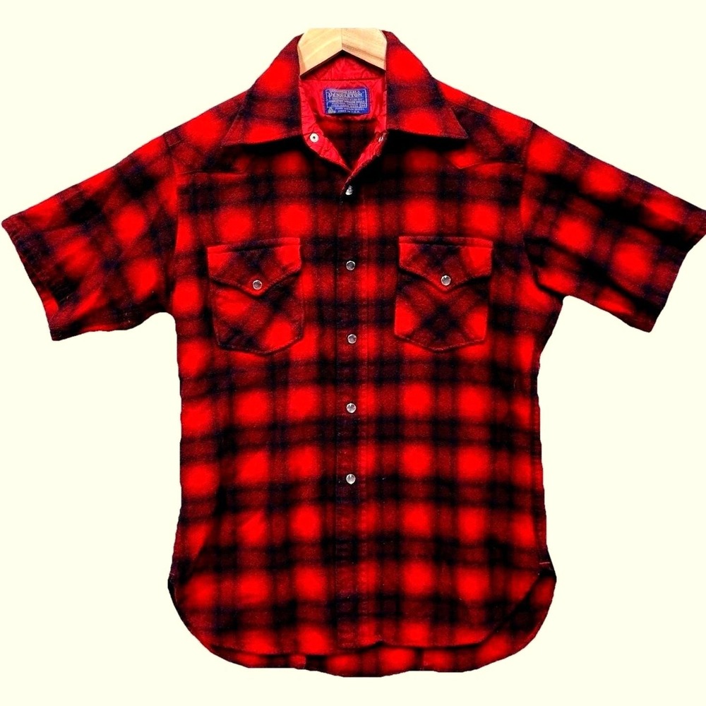 Vintage Pendleton Shirt Mens M‎ Red Black Plaid Wool Pearl Snap Short Sleeve